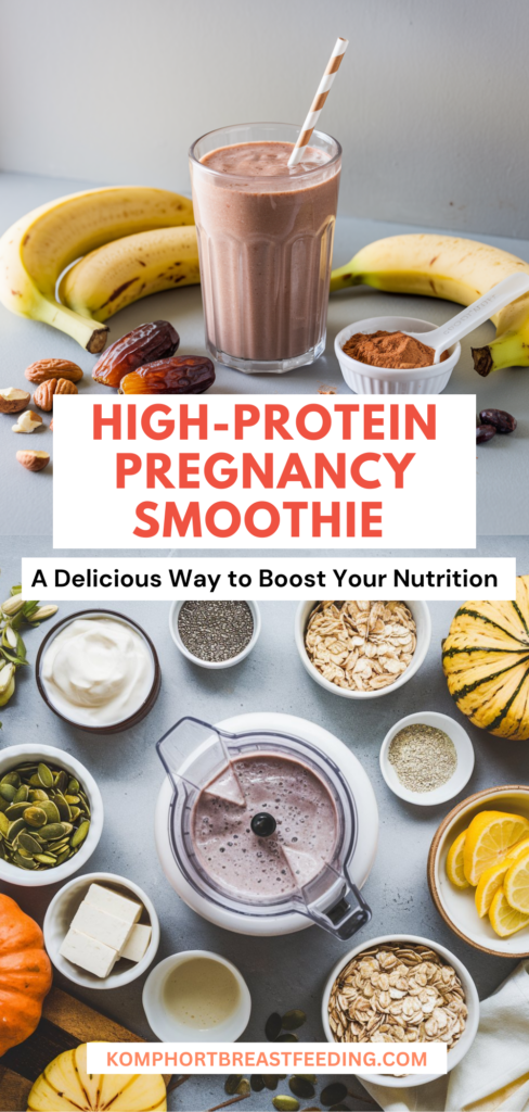 Recipe components for a nutritious pregnancy smoothie are pictured from above, showing the assembled drink along with bananas, dates, yogurt, oats, pumpkin, and other fresh items around a blender.
