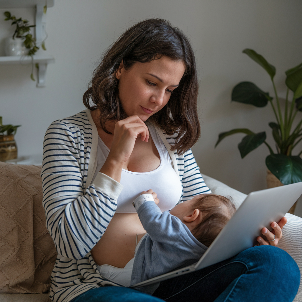 A mother breastfeeds her baby while simultaneously using a laptop, illustrating the multitasking demands of modern parenting.