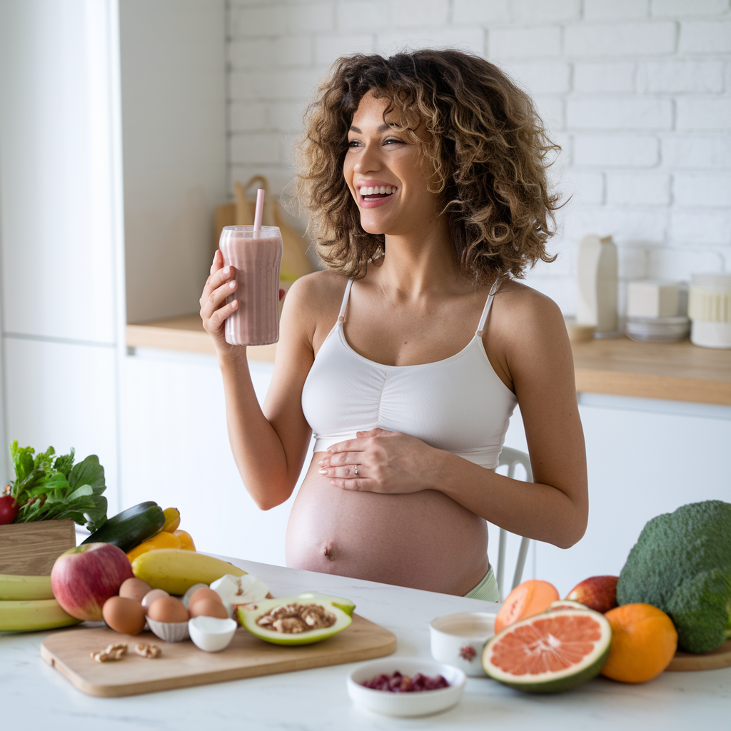 A pregnant woman with curly hair smiles broadly and holds a smoothie while sitting at a table covered with fresh fruit, vegetables, and eggs in her kitchen.