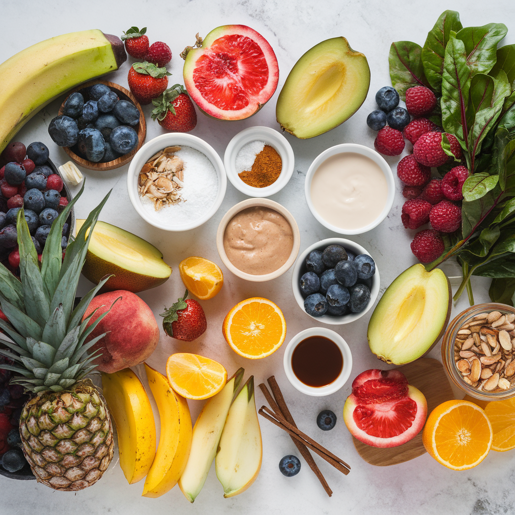A vibrant flat lay image displays a wide array of colorful fresh fruit, including pineapple, bananas, berries, citrus, melon, and peaches, alongside small bowls containing spices, nut butter, and seeds.