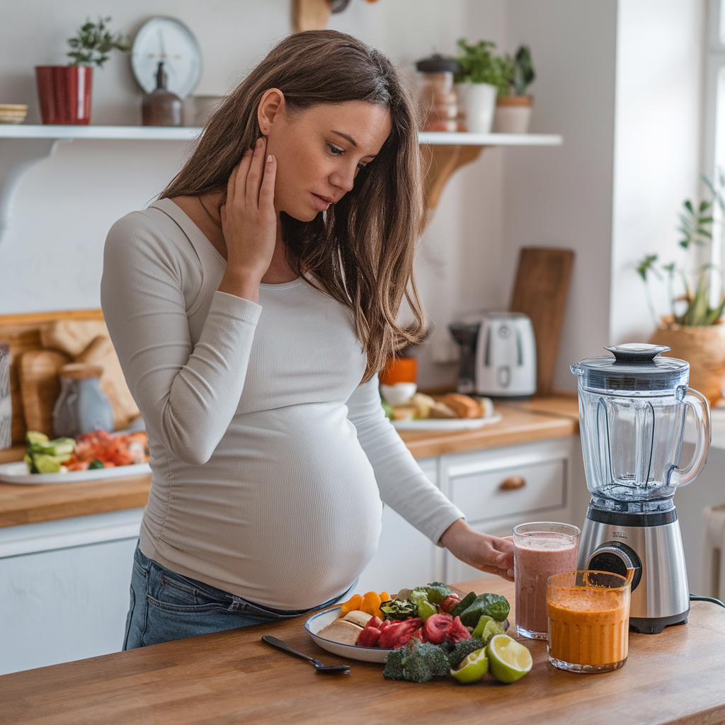 In a kitchen, a pregnant woman with brown hair gazes thoughtfully at a plate of fruit and cut vegetables and two smoothies on a kitchen counter while touching her cheek, and a blender is visible nearby.