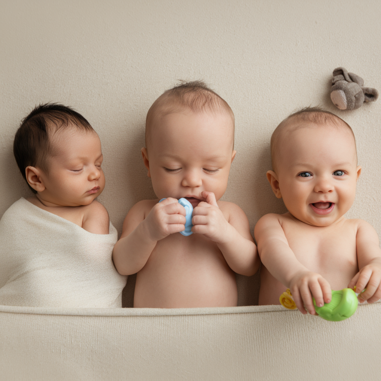 Three babies are positioned horizontally; the leftmost baby is sleeping, the center baby is chewing a toy, and the rightmost baby is smiling.