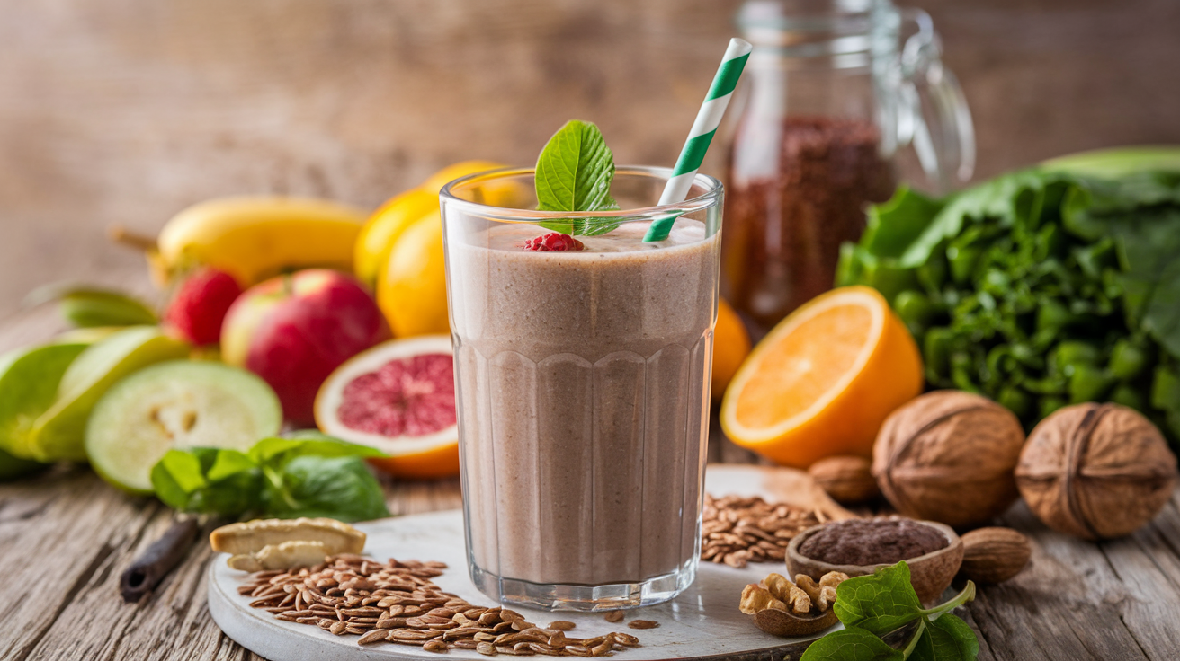 A glass filled with a brown smoothie garnished with a leaf is surrounded by fresh fruit, walnuts, and seeds on a wooden surface.