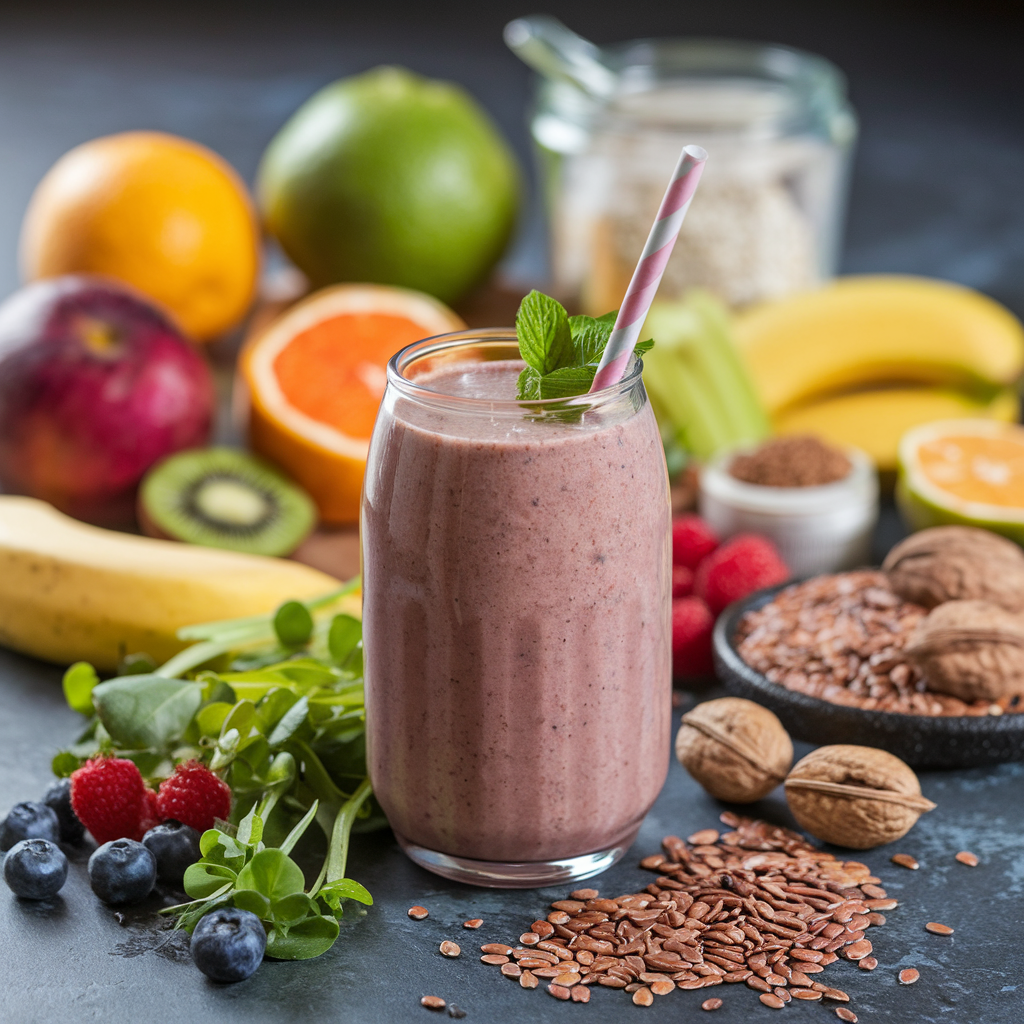 A berry smoothie in a glass with a straw is the centerpiece of an image displaying various fruits and nuts like blueberries, raspberries, oranges, kiwi, bananas, walnuts, and flax seeds.