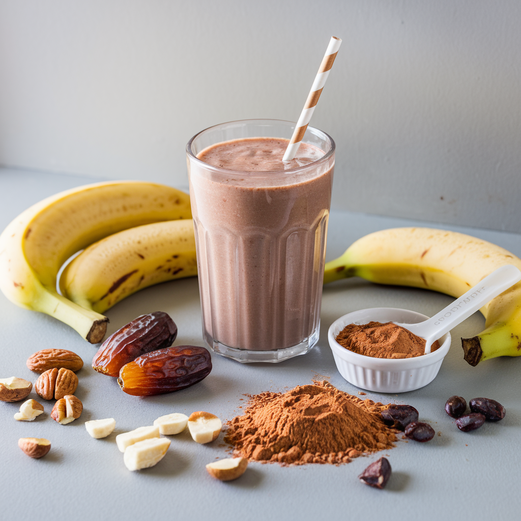 A creamy chocolate smoothie in a tall glass with a straw is shown with ingredients including bananas, dates, cocoa powder, almonds, and macadamia nuts.
