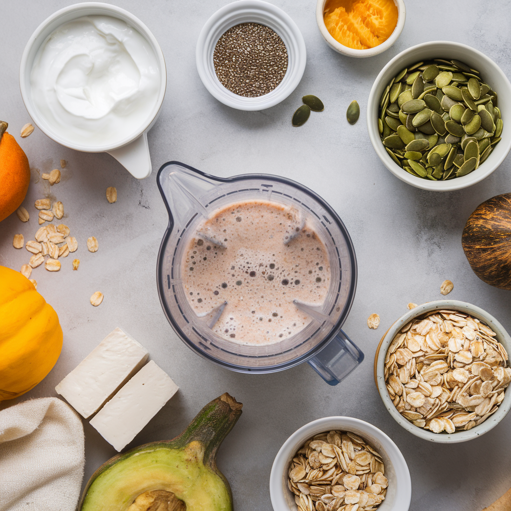 Smoothie components are arranged around a blender, including yogurt, pumpkin seeds, chia seeds, oats, avocado, and pumpkin puree, set on a gray surface.