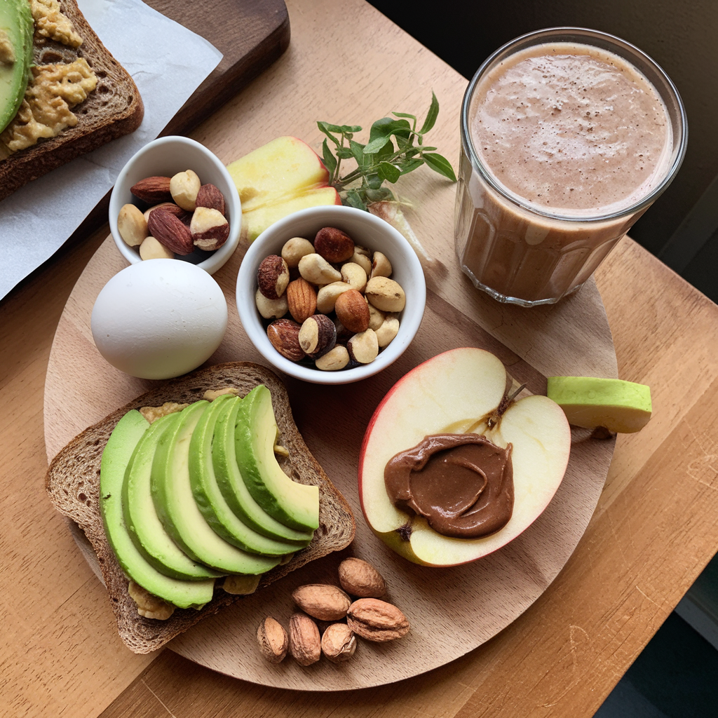 Breakfast is presented on a round wooden board with avocado toast, a hard-boiled egg, mixed nuts, apple slices with nut butter, and a smoothie.