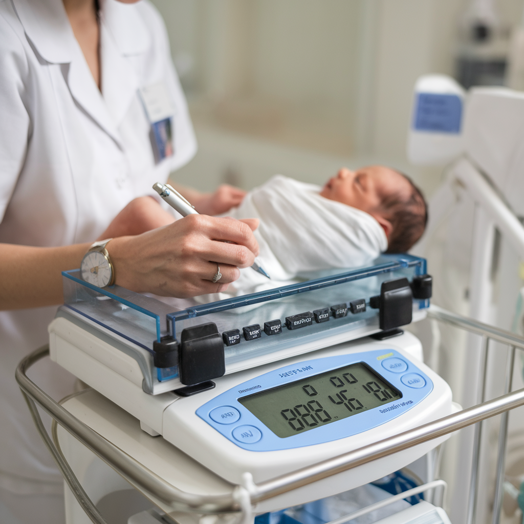 Image depicting baby growth and development assessment: a healthcare professional weighs a newborn on a digital scale.