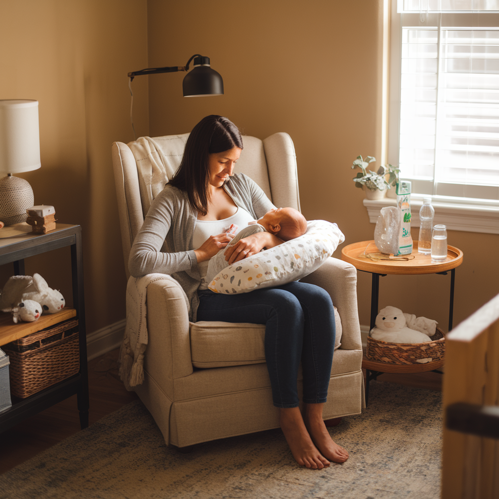 A mother breastfeeds her baby in a cozy armchair at home, illustrating a nurturing environment.