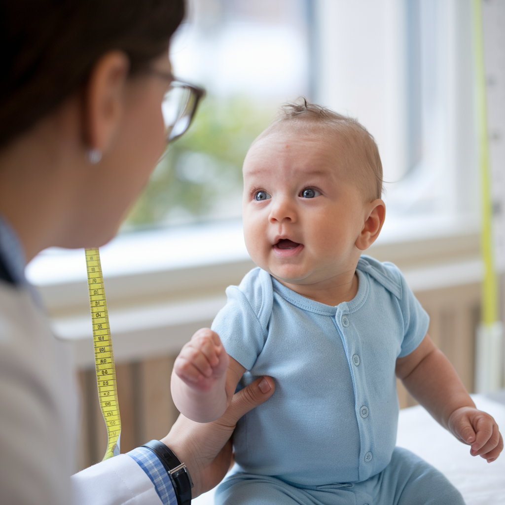 A baby looks attentively at a healthcare professional during an examination, showcasing a moment in baby growth and development monitoring. A measuring tape is visible in the background.