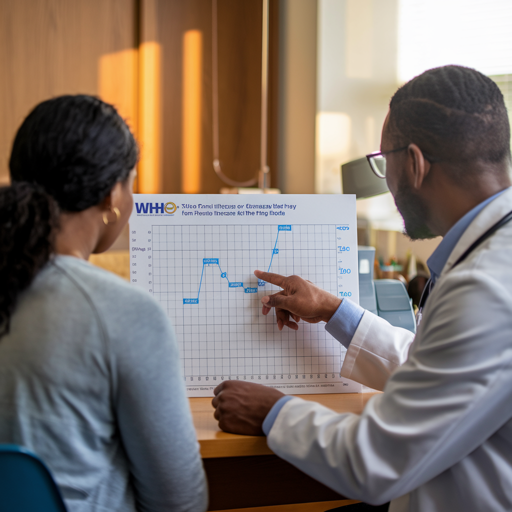 A doctor points to a WHO growth chart while discussing baby growth and development with a patient.