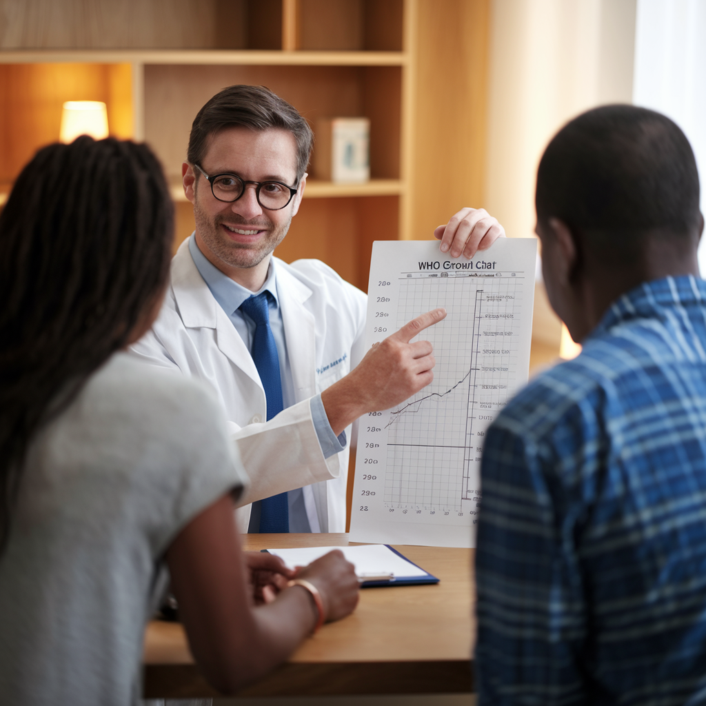 A doctor discusses baby growth and development with parents, using a "WHO Growth Chart" to illustrate points on a graph. The GVM Care & Research logo may be present.