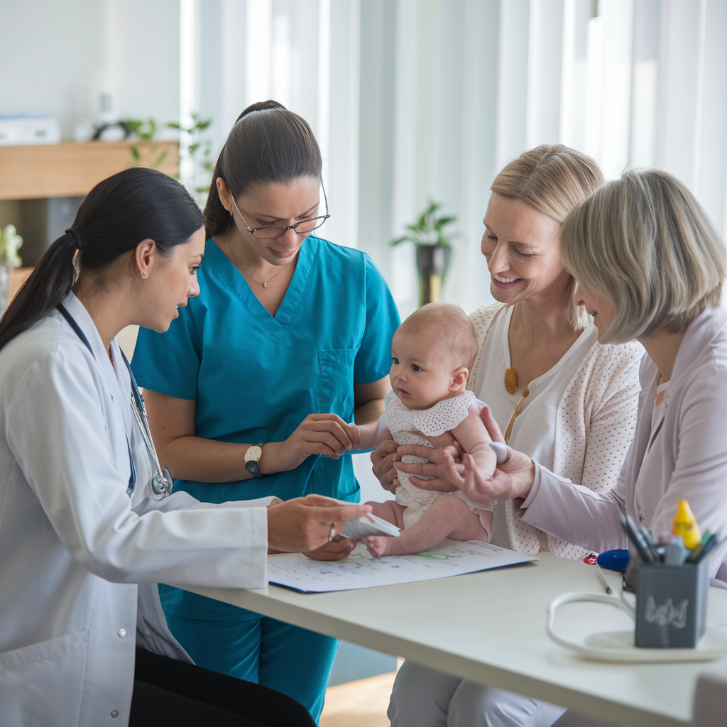 Image depicting collaborative baby growth and development assessment: a baby is examined by healthcare professionals and family.
