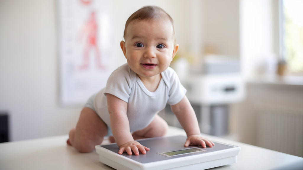 A bright-eyed baby in a white onesie smiles broadly while positioned on a digital scale on a white table.