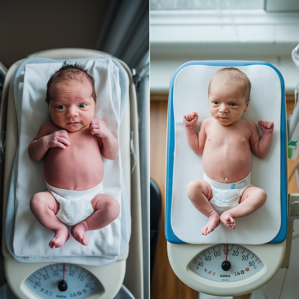 Side-by-side photos of a baby on two different scales highlight baby growth and development through weight measurement.