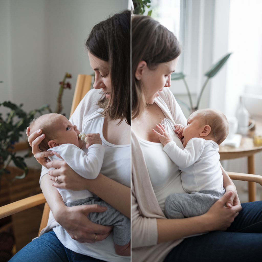 A side-by-side photos of a mother breastfeeding her baby in slightly different holds, emphasizing the loving bond and essential nourishment for healthy development.
