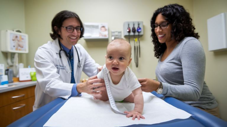 A smiling doctor and parent are interacting with a baby who is on a medical examination table in a doctor's office.