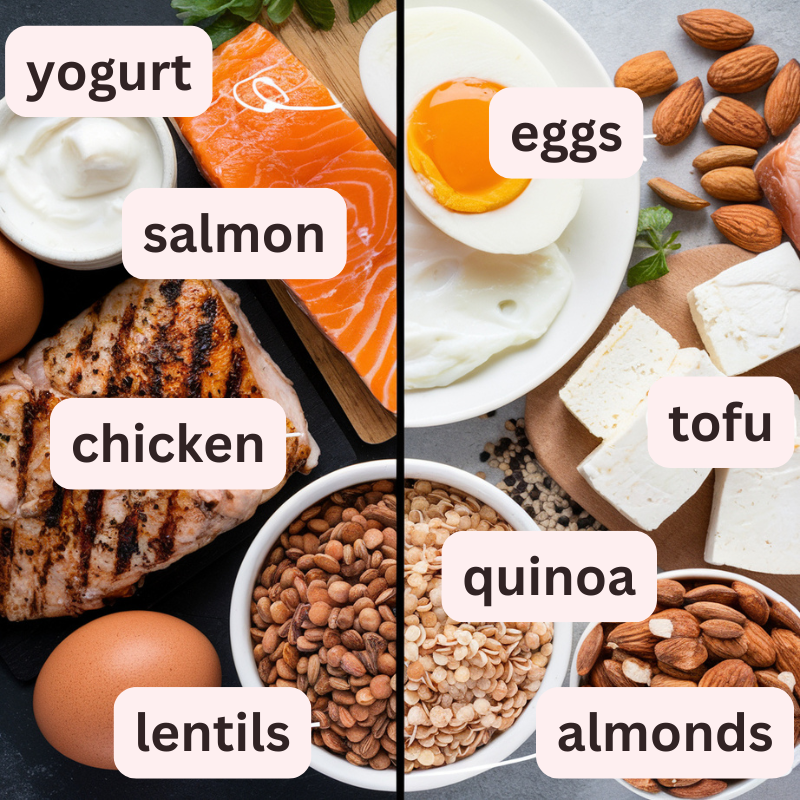 A split-screen image highlighting high-protein foods, aligning with essential **breastfeeding nutrition advice**. One side features grilled chicken, salmon, eggs, and yogurt, while the other showcases lentils, quinoa, tofu, and almonds. A subtle text overlay labels the protein sources, emphasizing balanced nutrition for breastfeeding moms.