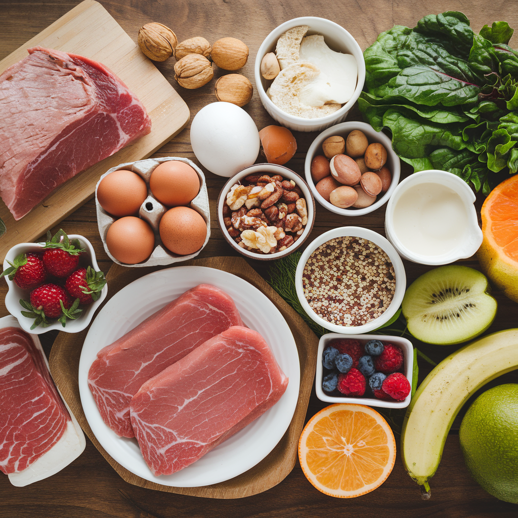 A beautifully arranged wooden table showcasing an assortment of nutritious foods, reflecting essential **breastfeeding nutrition advice**. Lean meats, eggs, dairy, beans, quinoa, nuts, leafy greens, and fresh fruits are displayed under soft natural lighting, emphasizing their freshness and benefits for breastfeeding moms.