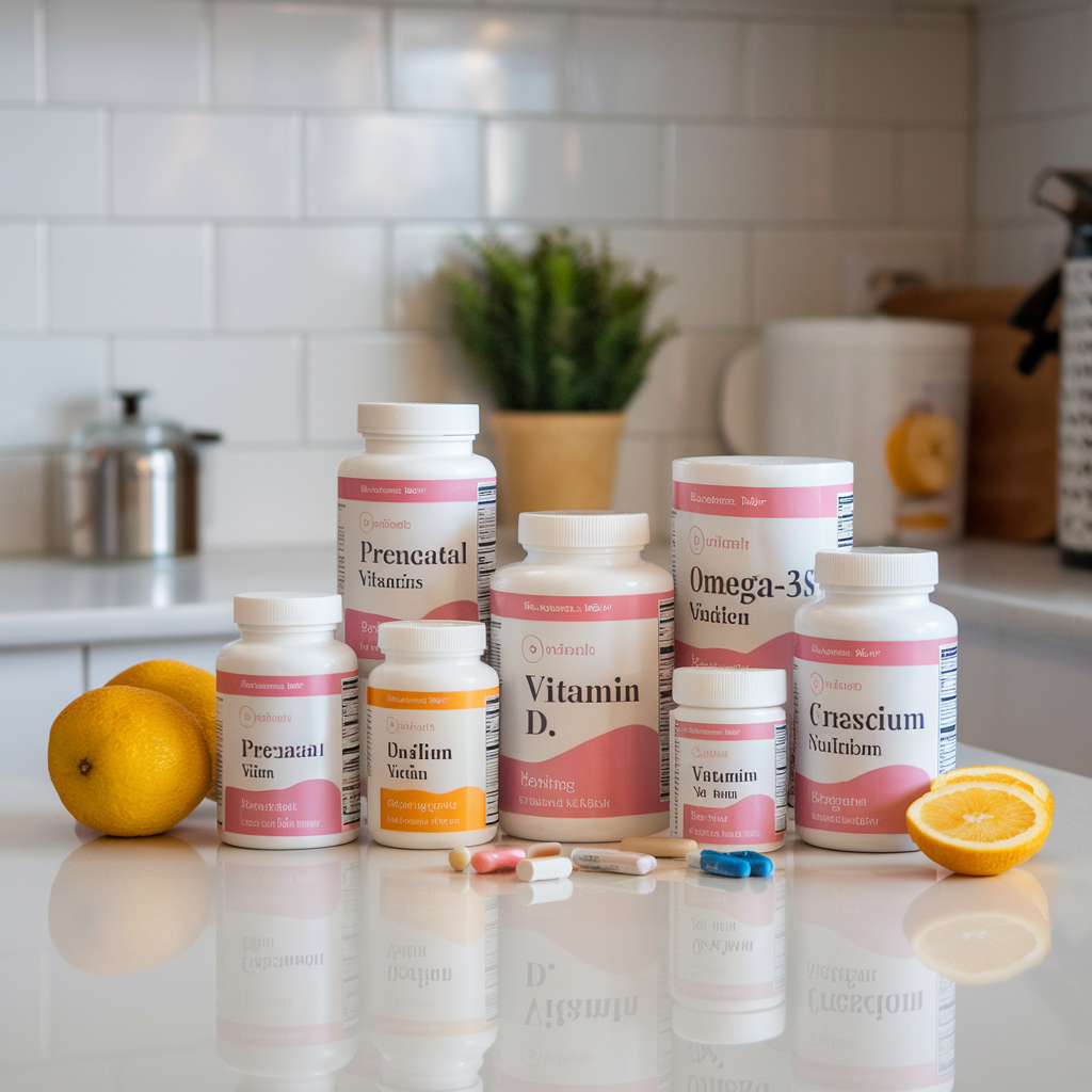 A collection of essential supplements for nursing moms, including prenatal vitamins, vitamin D, omega-3s, and calcium, arranged neatly on a kitchen counter. A note highlights their importance in **breastfeeding nutrition advice**, ensuring mothers support their health and breastfeeding journey effectively.