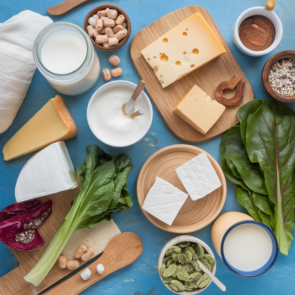 A vibrant, realistic image showcasing dairy and non-dairy calcium sources, emphasizing **breastfeeding nutrition advice**. Milk, yogurt, cheese, leafy greens, tofu, and fortified plant-based alternatives are displayed, highlighting their benefits for both mother and baby’s bone health and overall well-being.