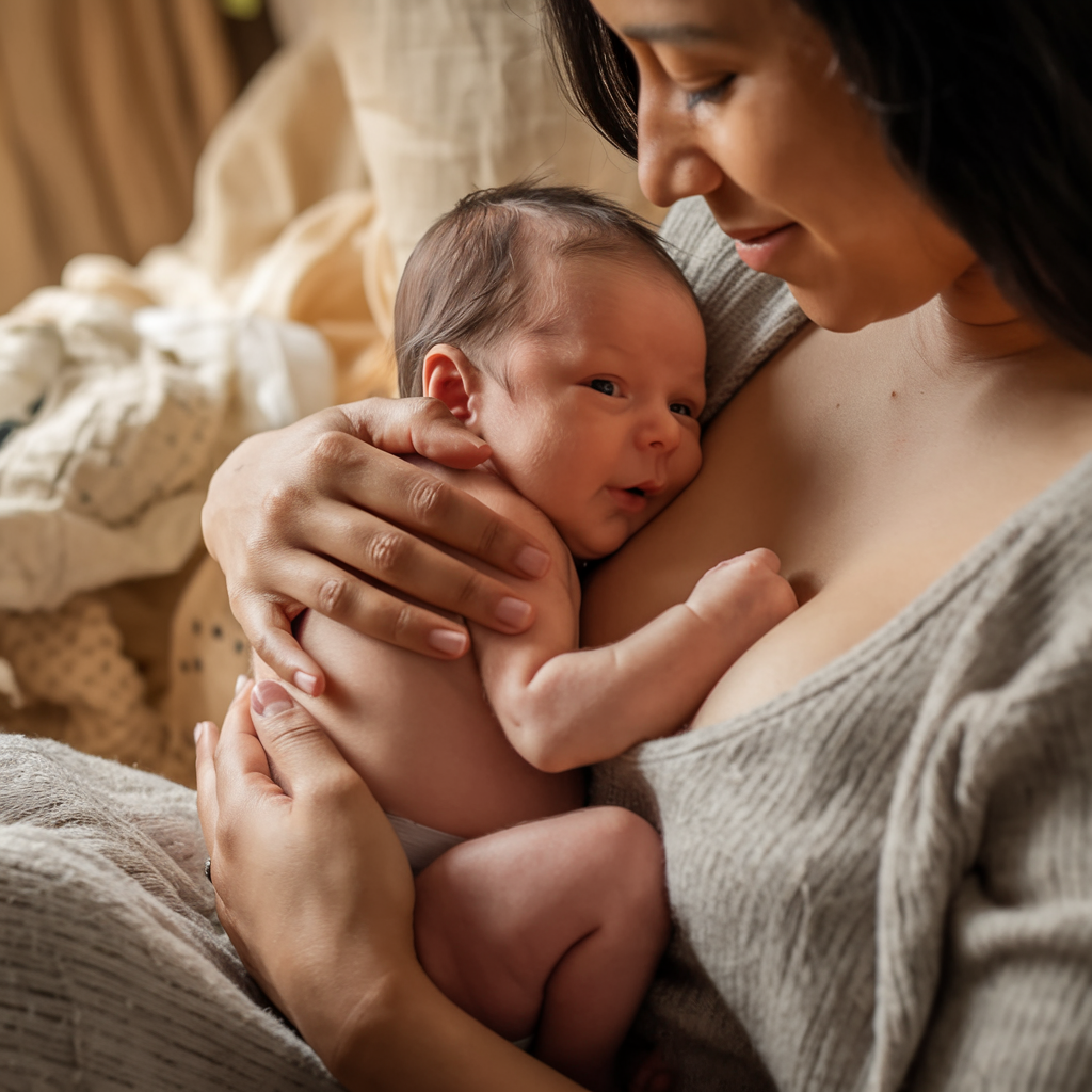 A cozy and intimate moment of a mother cradling her newborn close, nursing frequently throughout the day. The baby looks content and full, while the mother’s peaceful expression reflects a nurturing bond. Soft blankets and warm, golden lighting create a calm atmosphere, emphasizing the importance of breast milk increase tips.