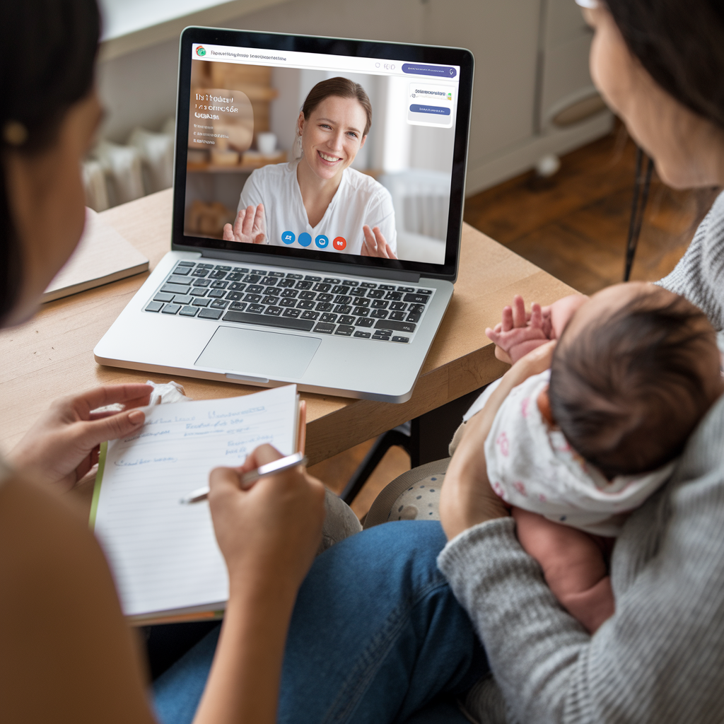 A helpful Q&A setup with an open laptop showing a lactation consultant on a virtual call, while a new mom takes notes and holds her baby. The cozy setting emphasizes accessible guidance and expert support for breastfeeding challenges, focusing on breast milk increase tips.