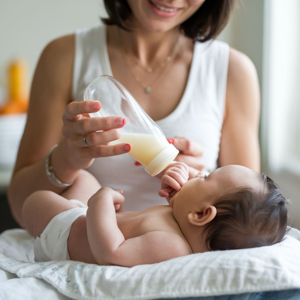 A mother bottle-feeding her baby with a gentle, nurturing touch, conveying balance. In the background, breastfeeding is highlighted, showcasing the coexistence of breast milk and formula to support the baby’s needs, with an emphasis on flexible feeding options.