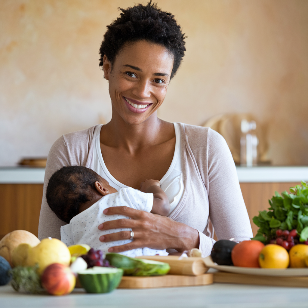 A radiant mother smiling confidently while nursing her baby, surrounded by fresh, nutritious food and a sense of balance. The background subtly conveys warmth, love, and reassurance.