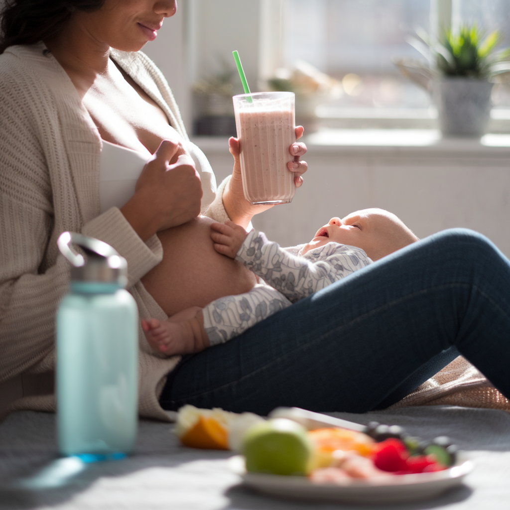 A serene image of a mother sitting comfortably, drinking a nutritious smoothie while breastfeeding. Soft sunlight filters through a window, creating a nourishing and supportive environment. Surrounding elements, such as a water bottle and healthy snacks, subtly highlight self-care and the importance of breast milk increase tips.