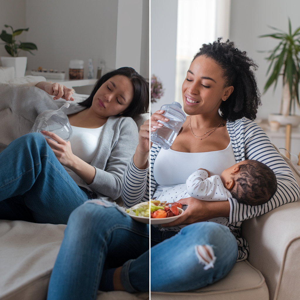 A side-by-side comparison showing a tired mother slouched on a couch with an empty water bottle on one side, and the same mother rejuvenated, sipping water, enjoying a healthy meal, and breastfeeding comfortably on the other. This contrast emphasizes the impact of nutrition and hydration on milk supply, with a focus on breast milk increase tips.