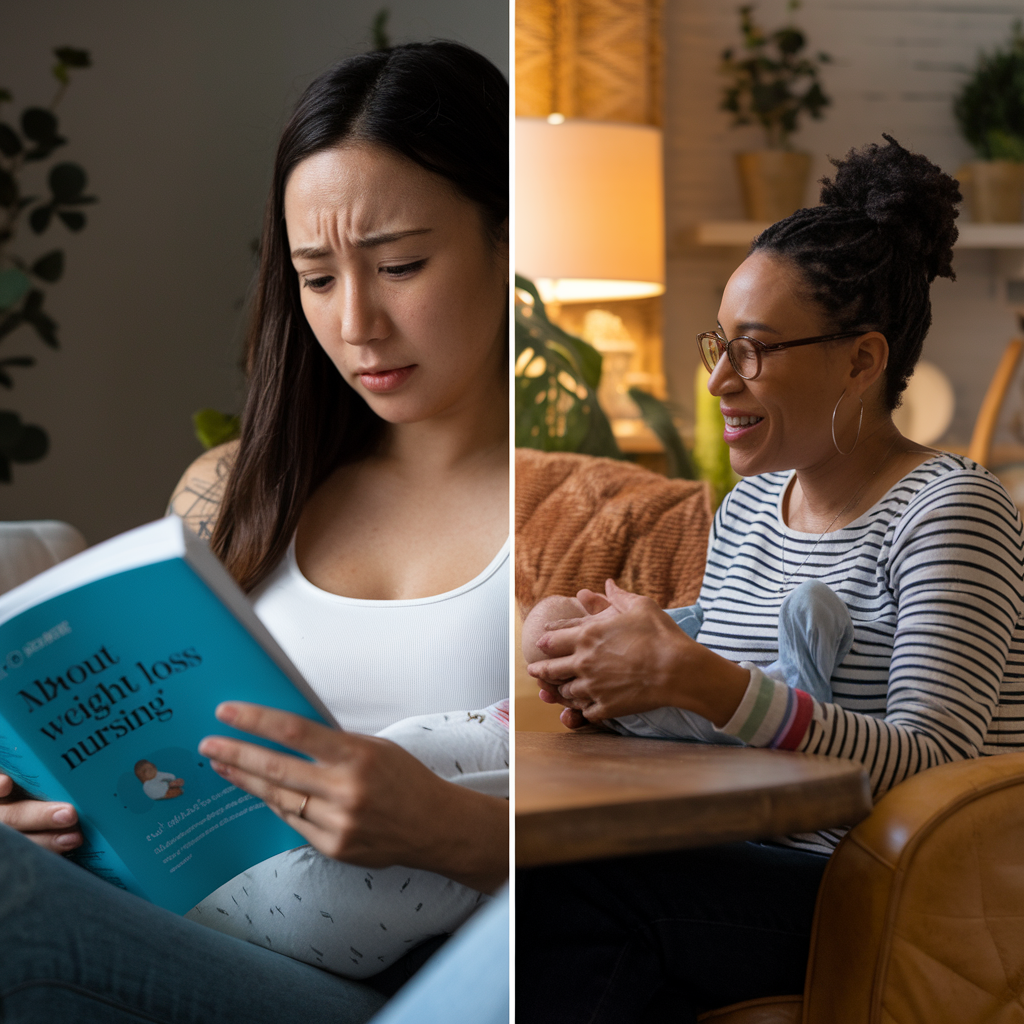 A side-by-side image: one side depicts a concerned mom reading about weight loss while nursing, and the other side shows a lactation expert reassuring her with a warm conversation in a cozy setting.