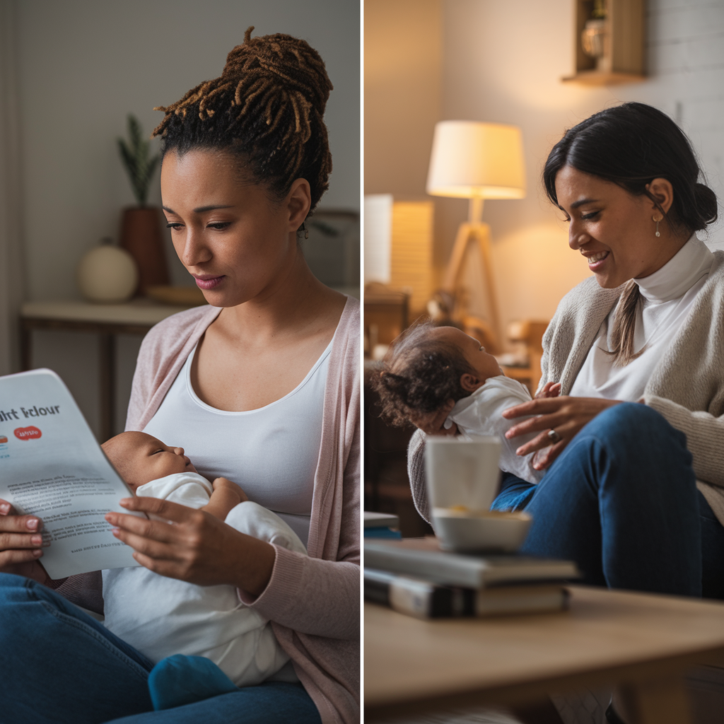 A side-by-side image: one side depicts a concerned mom reading about weight loss while nursing, while the other shows a lactation expert offering **breastfeeding nutrition advice** in a warm, reassuring conversation in a cozy setting, emphasizing support and understanding during the breastfeeding journey.