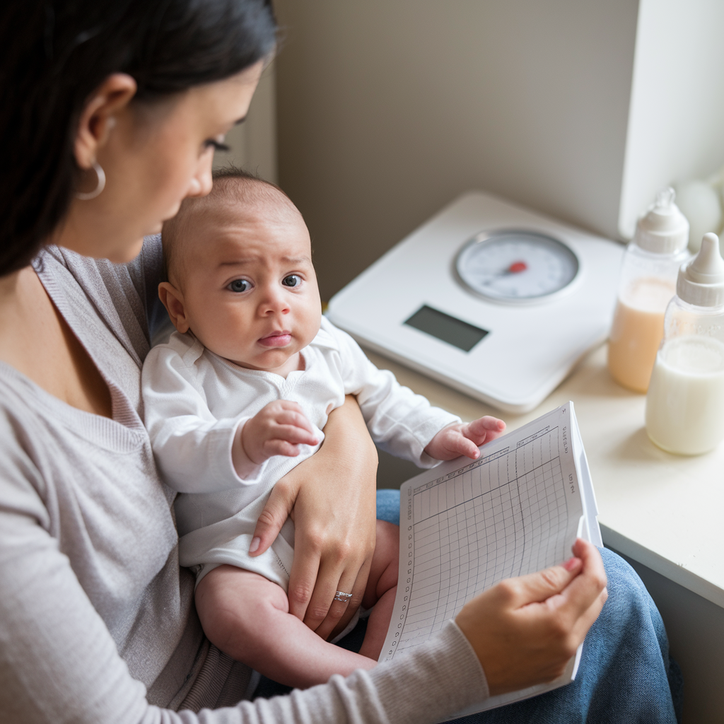 A soft-lit nursery scene featuring a concerned mother holding her baby and reviewing a feeding log. A digital scale and baby bottles are nearby, emphasizing concerns about weight gain. The atmosphere is calm yet conveys subtle worry, reflecting the need for breast milk increase tips.