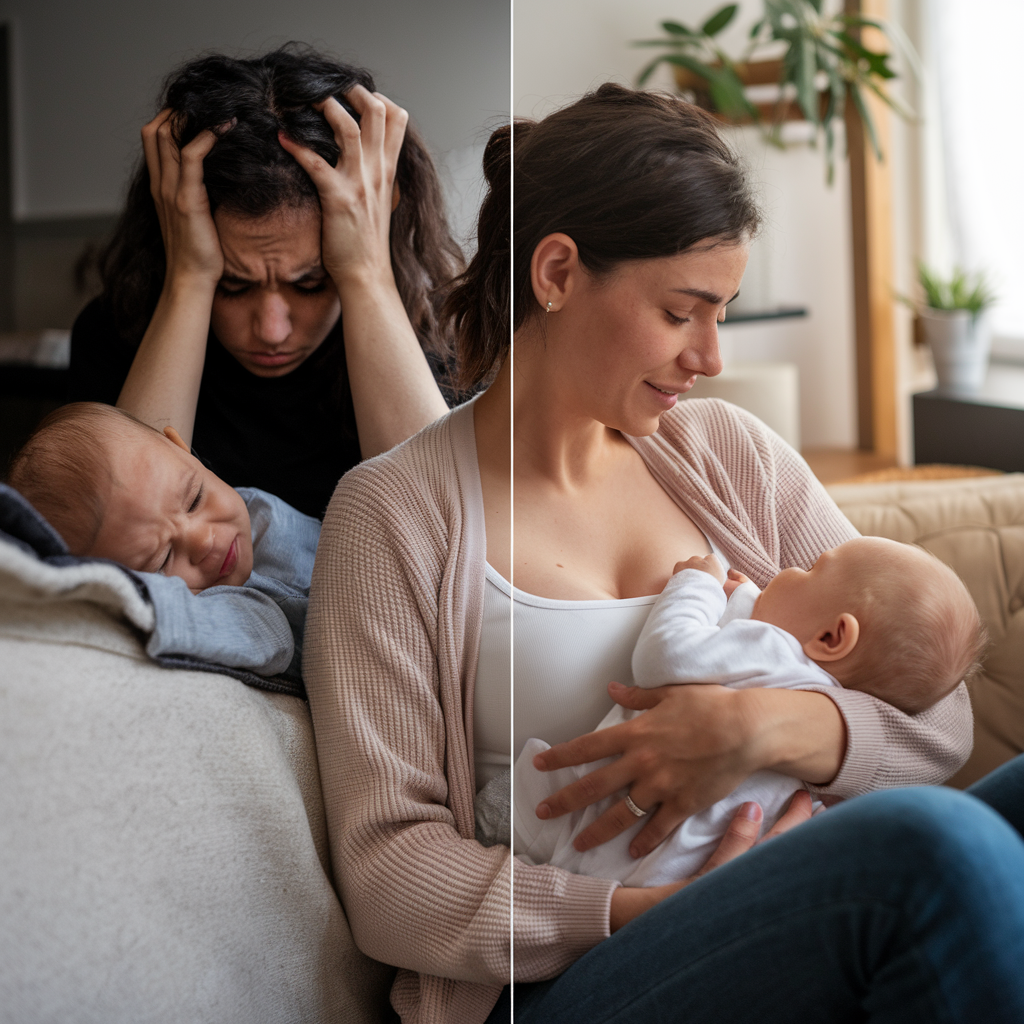 A split-screen visual contrasting a stressed mother holding her head in exhaustion with a crying baby beside her, and a relaxed, smiling mother breastfeeding peacefully in a cozy setting. This highlights the impact of stress on milk supply and the importance of breast milk increase tips for a calm, supportive environment.