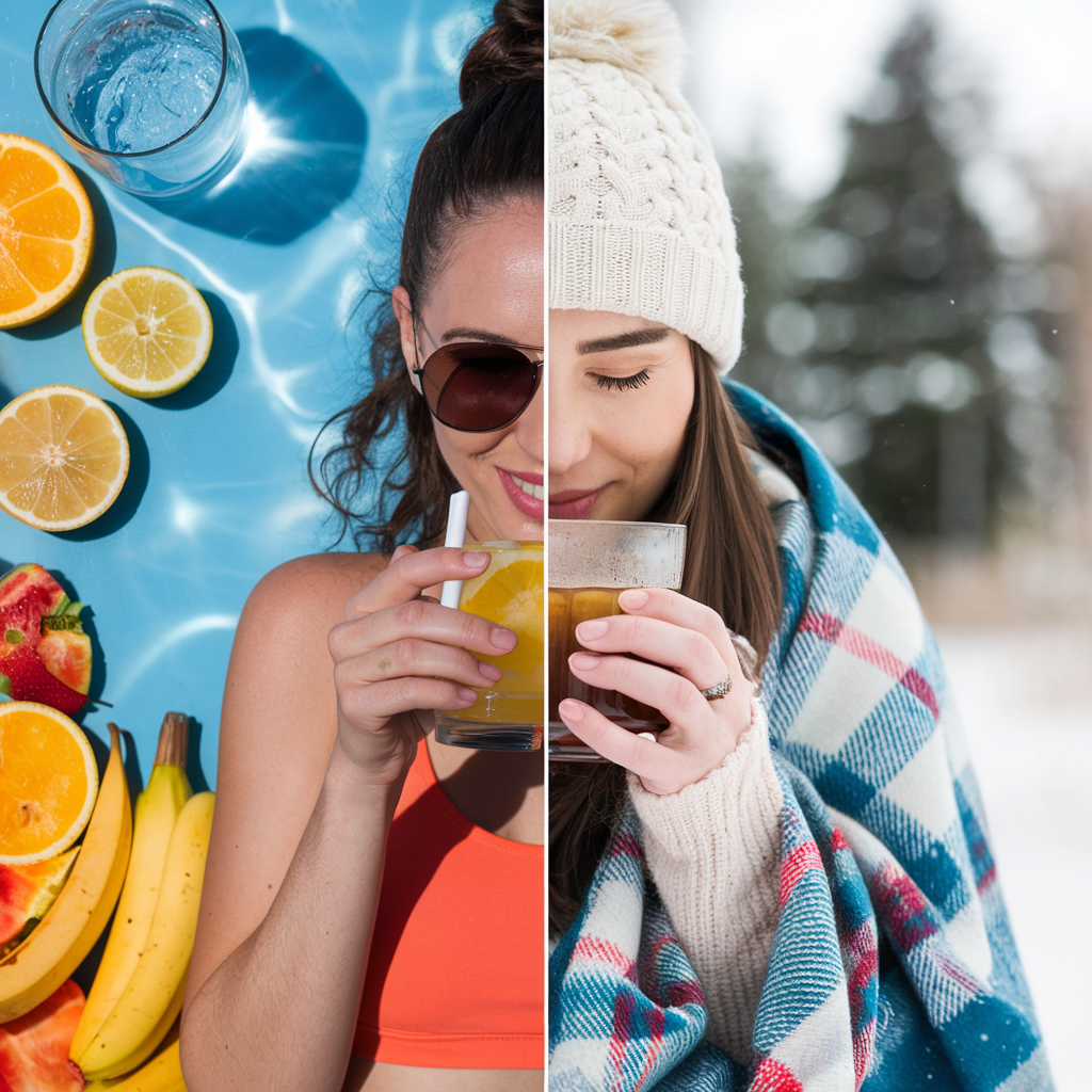A split seasonal image: on the left, a mother enjoying a refreshing drink in summer, surrounded by hydrating fruits and water; on the right, a winter setting with a mom sipping warm herbal tea with a cozy blanket around her.