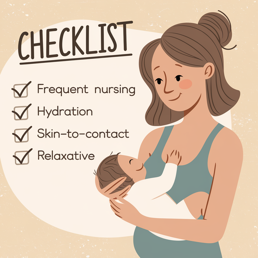 A warm and encouraging scene of a confident mother breastfeeding, with a subtle background checklist highlighting natural milk-boosting strategies: frequent nursing, hydration, skin-to-skin contact, and relaxation. The overall mood is hopeful and proactive, focusing on breast milk increase tips for new mothers.