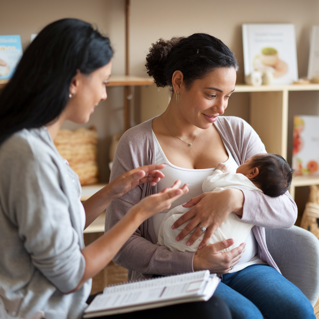 A warm and inviting consultation setting where a lactation specialist gently guides a new mother holding her baby. The mother looks reassured as the specialist offers support with a caring gesture. Cozy room tones, baby care books, and lactation support materials emphasize the focus on breast milk increase tips.