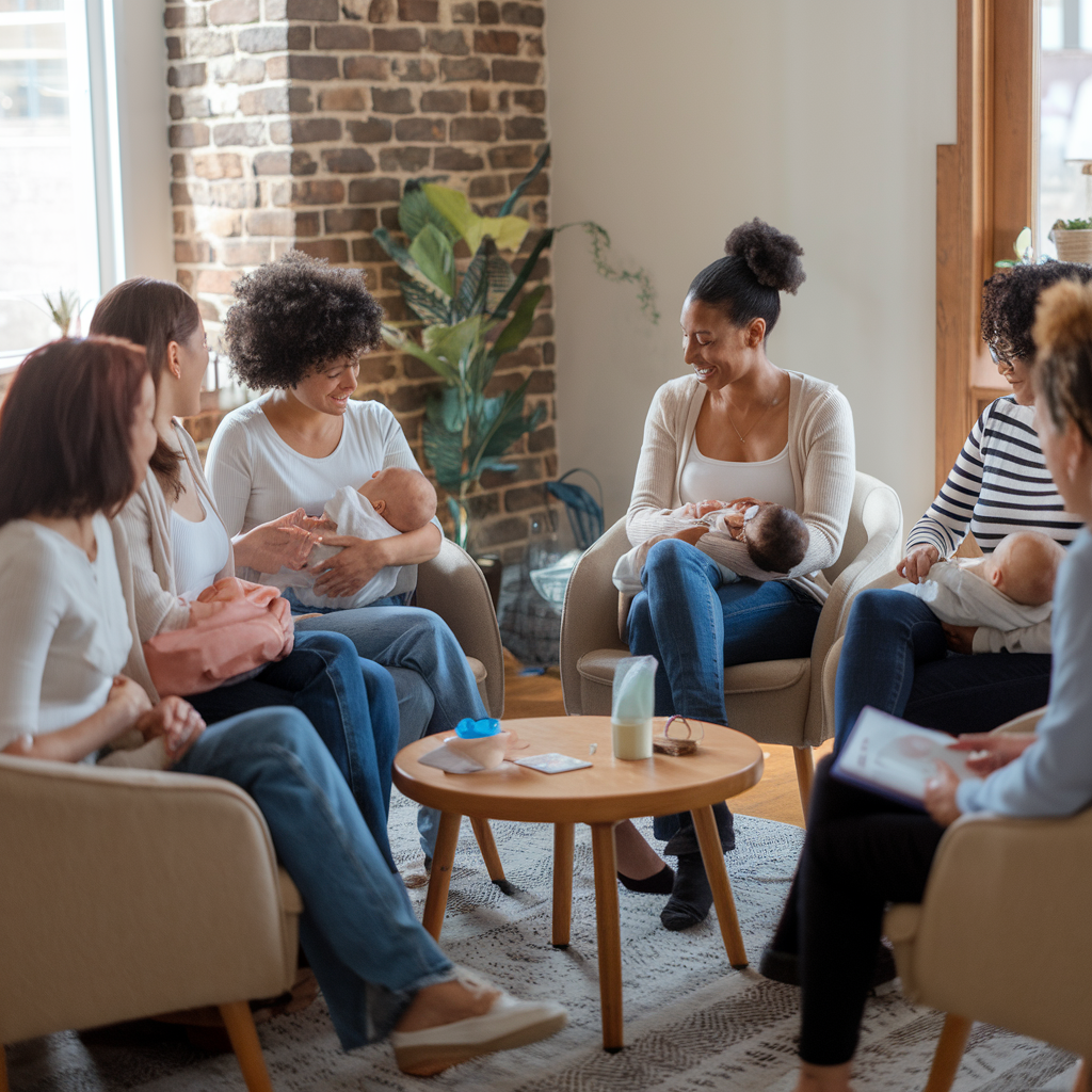 A welcoming mother's support group setting, where a diverse group of women share advice and encouragement in a cozy circle. Some are nursing while others listen attentively. The scene is filled with warmth and solidarity, emphasizing the power of community and breast milk increase tips.