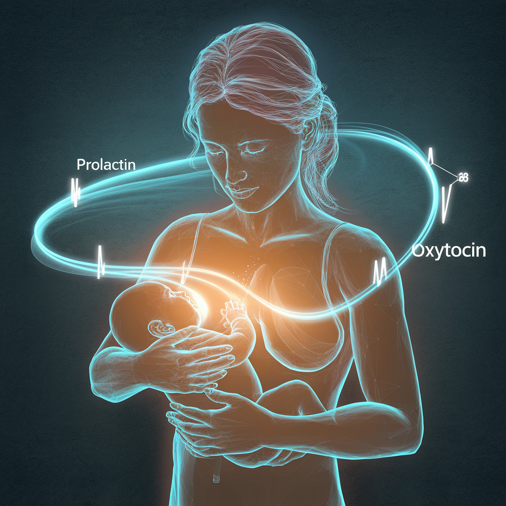 An artistic visualization of hormones in action, with soft, glowing representations of prolactin and oxytocin circulating around a serene breastfeeding mother. A glowing aura near her chest symbolizes milk production in response to her baby’s latch, emphasizing the natural process and breast milk increase tips.
