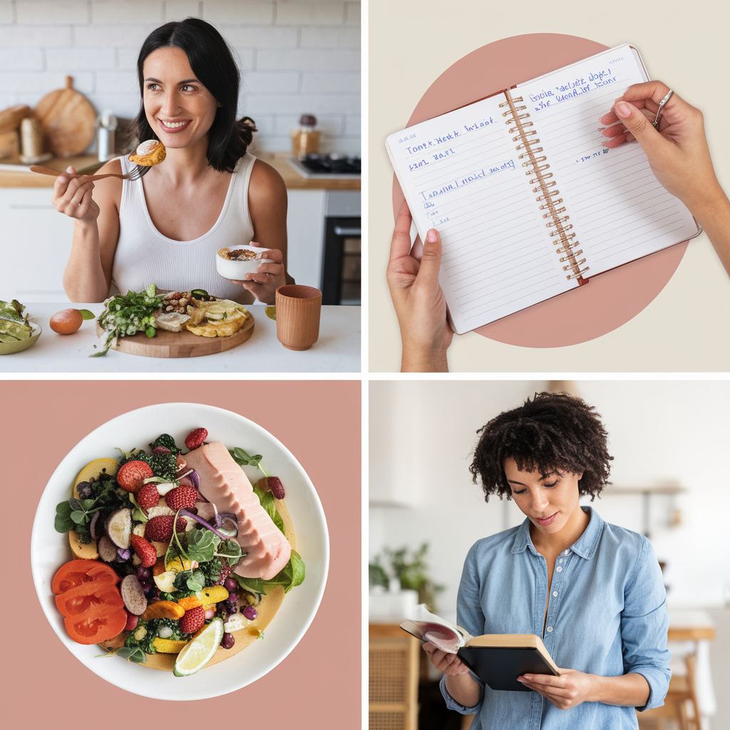 An inclusive and diverse collage illustrating **breastfeeding nutrition advice**: a vegan mom enjoying a plant-based meal, a mom tracking food sensitivities in a journal, and a mother consulting with a lactation specialist for personalized dietary guidance, all emphasizing tailored approaches to nutrition during breastfeeding.