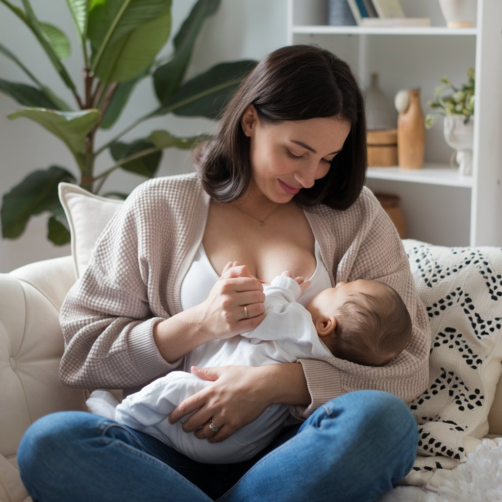 A tender moment of infant feeding via breastfeeding: a woman lovingly cradles and nourishes a baby in a cozy home setting.