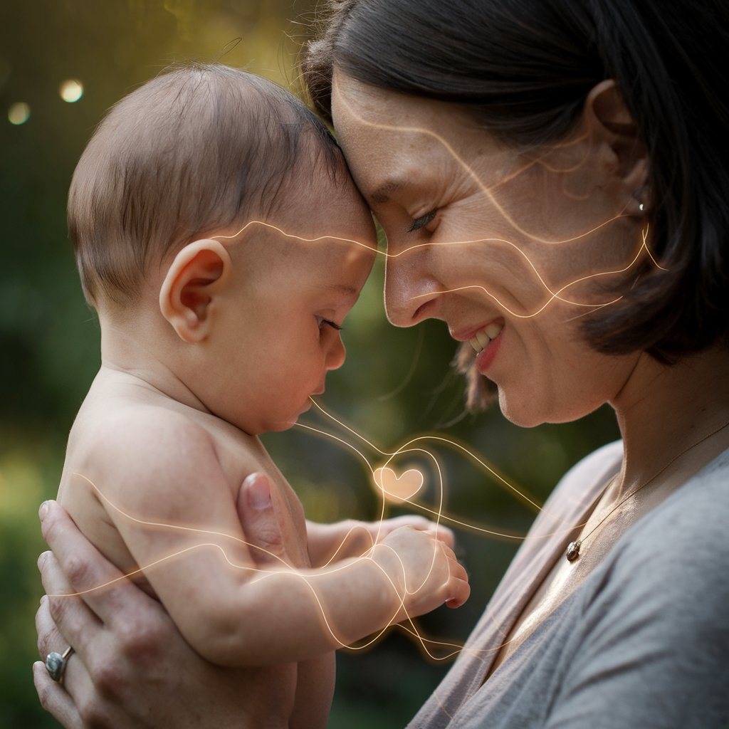 Close-up of a smiling mother gently touching foreheads with her baby. Glowing lines visually connect them, highlighting the deep emotional bond of parenthood.