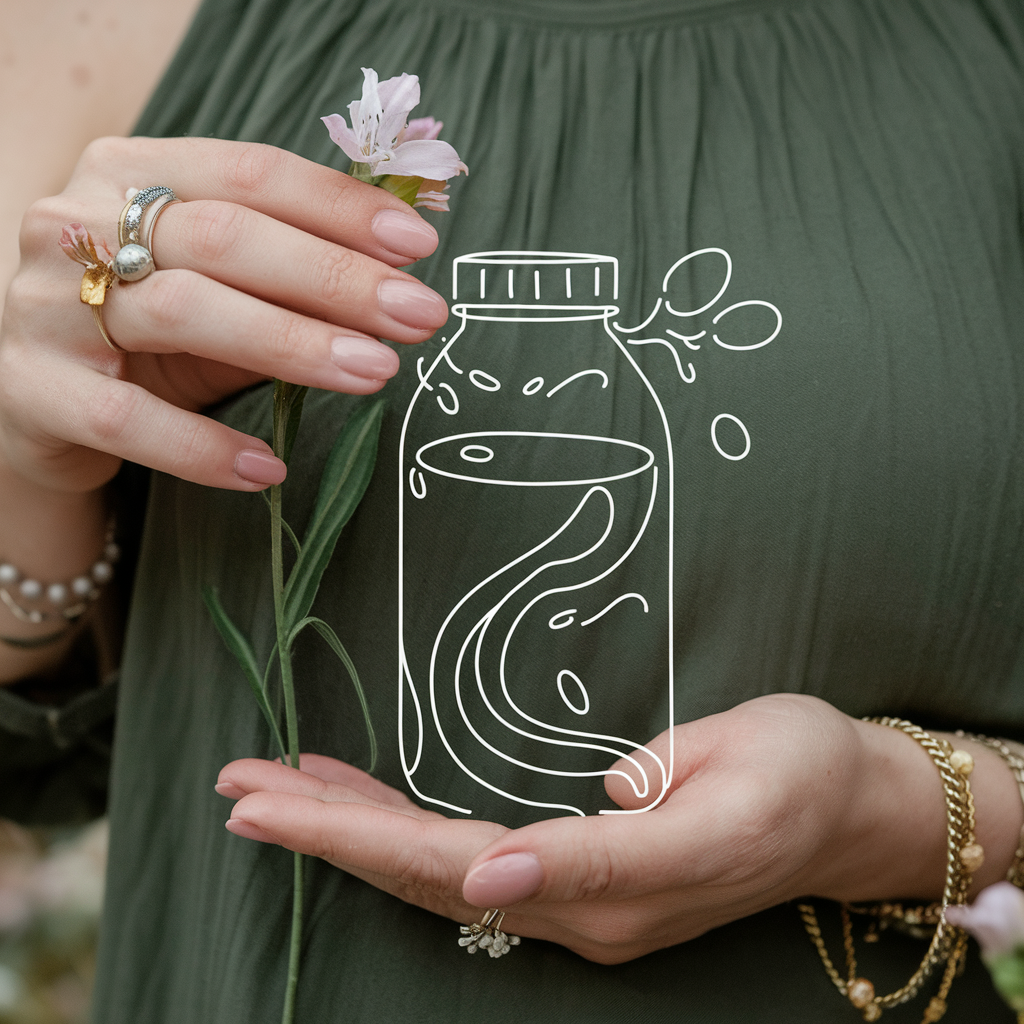 Close up of hands holding a pale pink flower and a white line drawing of a bottle against an olive green background. The composition is soft and natural, with focus on texture and delicate lines.
