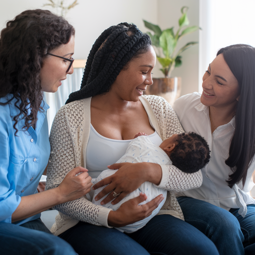 A moment of shared learning and support around infant feeding: a woman breastfeeds her baby as two companions offer encouraging smiles.