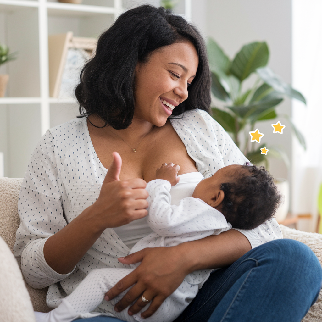 Positive encouragement for all infant feeding journeys: a mother gives a 'thumbs-up' during breastfeeding, suggesting success and joy in nurturing her baby, whether through breastfeeding or bottle feeding. Sparkling stars enhance the celebratory mood.