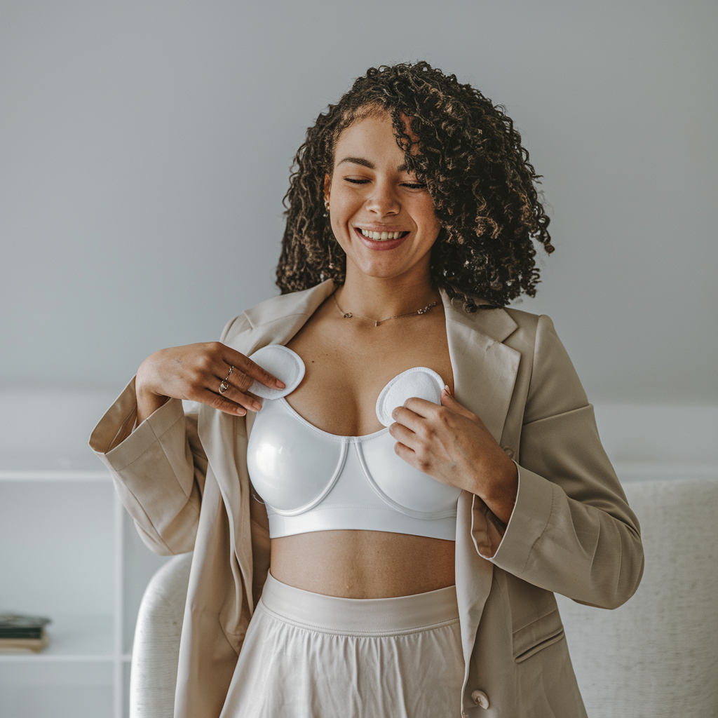 A smiling woman with curly hair is shown placing round white breast pads into her bra while standing indoors and wearing a beige blazer and skirt.