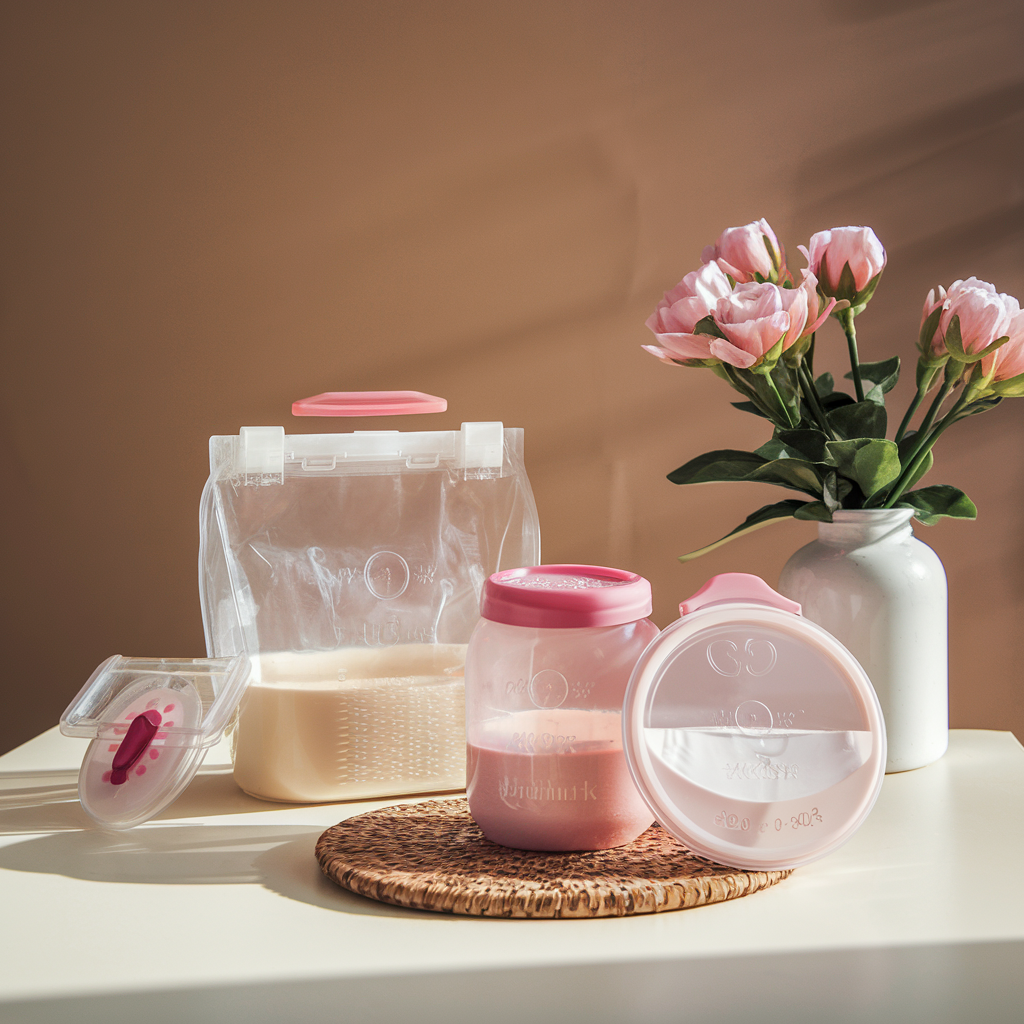 Several breast milk storage containers and bags with pink accents are displayed on a surface, accompanied by a vase of pink flowers in the background.
