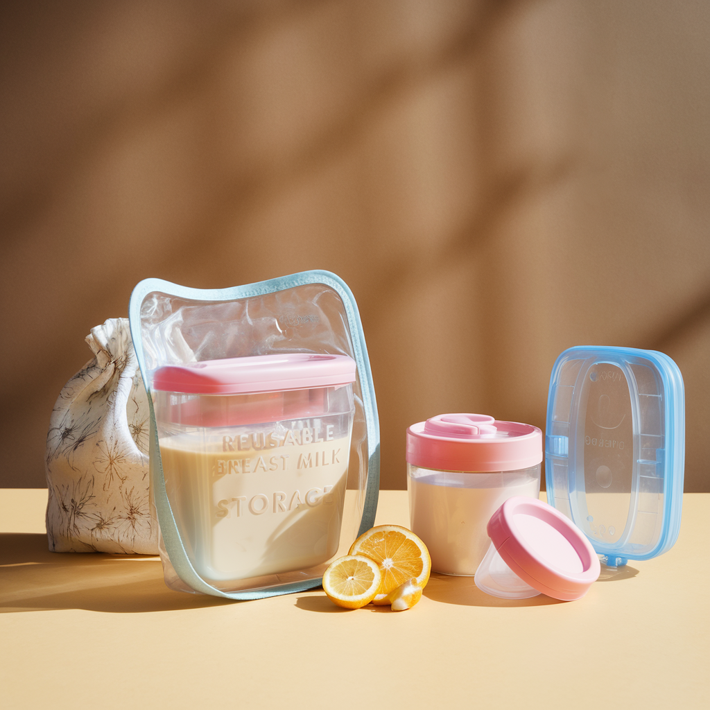 Reusable containers and pouches for storing milk are showcased with orange slices against a neutral backdrop.