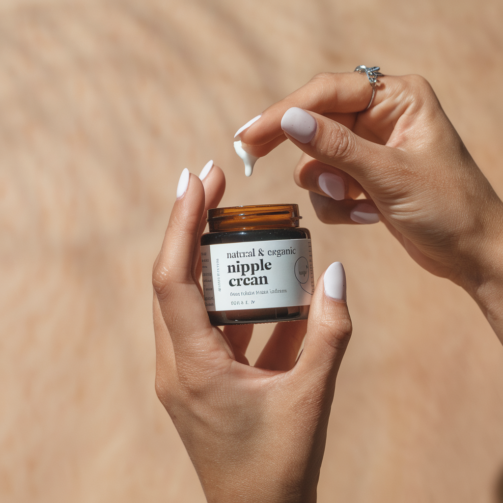 Hands are shown taking a dollop of nipple cream from a small jar against a tan background.